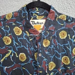 VINTAGE 90's PROTEST Shirt Men's L Silk Button Up Long Sleeve Pocket Abstract